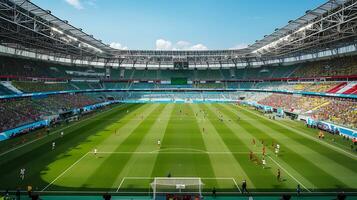 ai généré football rencontre intensité capturé de haute angle avec téléobjectif lentille sur vibrant vert champ photo