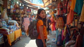 ai généré vibrant plein air marché Jeune femme balades parmi coloré stalles dans exotique lieu capturé dans moyen 50 mm coup photo