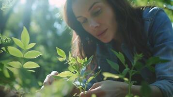 ai généré femme les plantes petit arbre dans luxuriant jardin baigné dans doux Naturel lumière photo