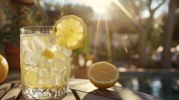 ai généré rafraîchissant limonade délicieusement orné sur rustique table capturé fermer avec 50 mm lentille photo