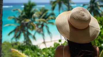 ai généré femme dans chapeau de soleil prend dans tropical plage paradis avec turquoise océan encadré dans moyen coup avec 50 mm lentille photo