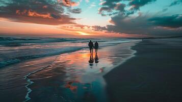 ai généré deux Les figures promenade le long de plage à le coucher du soleil contre coloré ciel photo