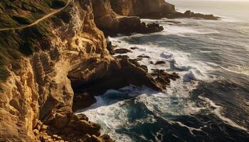 ai généré majestueux littoral, vagues rupture, le coucher du soleil plus de l'eau généré par ai photo