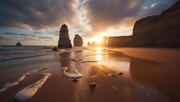 ai généré majestueux littoral, tranquille des eaux, d'or le coucher du soleil plus de rochers généré par ai photo