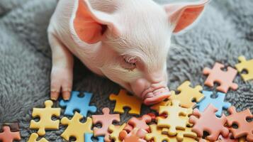 ai généré adorable Haut vue de une mignonne porc résolution une scie sauteuse puzzle, espiègle et intelligent. ai généré photo