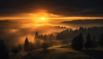 ai généré tranquille prairie, brumeux forêt, lever du soleil des peintures la nature généré par ai photo