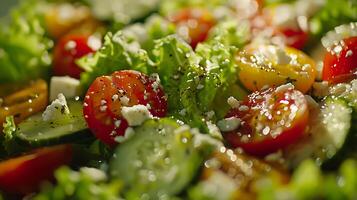 ai généré coloré macro salade avec Frais salade juteux tomates et acidulé feta baigné dans doux Naturel lumière photo