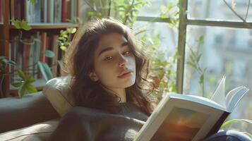 ai généré confortable fenêtre siège Jeune femme jouit livre dans doux Naturel lumière photo
