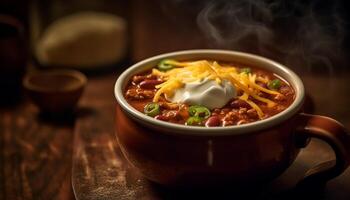 ai généré gourmet repas, cuit porc, Frais légumes, fait maison soupe généré par ai photo