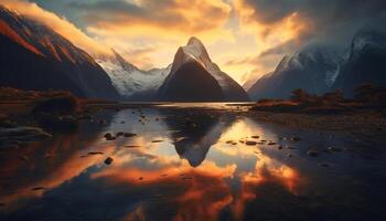 ai généré majestueux Montagne de pointe reflète tranquille le coucher du soleil sur l'eau généré par ai photo