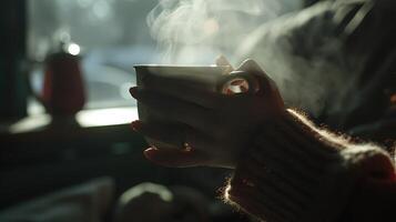 ai généré femme saveurs chaud café dans confortable café baigné dans doux Naturel lumière photo