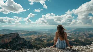 ai généré femme envisage majestueux Montagne vue sur falaise bord en dessous de clair bleu ciel avec duveteux des nuages photo