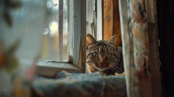 ai généré curieuse chat coups d'oeil de ensoleillé vivant pièce plante photo