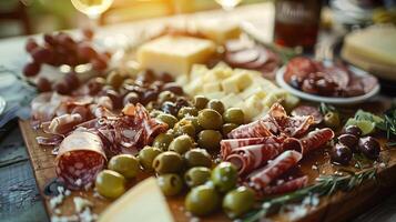 ai généré somptueux charcuterie planche assorti les fromages viandes des fruits et des noisettes illuminé par doux Naturel lumière sur rustique Contexte photo