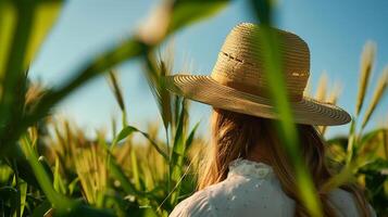 ai généré femme dans traditionnel agriculture chapeau parmi luxuriant cultures sous clair bleu ciel une captivant 50 mm fermer photo