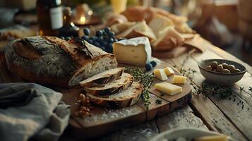 ai généré délicieux propager de fraîchement cuit pain et assorti les fromages sur rustique table baigné dans doux Naturel lumière photo