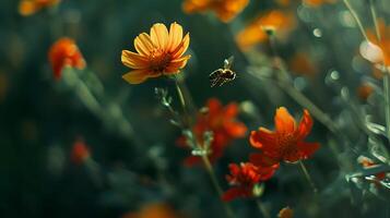 ai généré abeille polliniser épanouissement fleur dans luxuriant vert Prairie capturé dans fermer 50 mm lentille coup photo