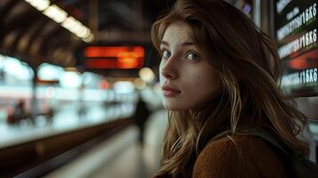 ai généré Jeune femme des promenades par aéroport Terminal avec valise entouré par animé activité et aéroport promenade photo