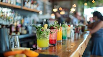 ai généré coloré des cocktails ligne le bar dans vibrant social scène photo