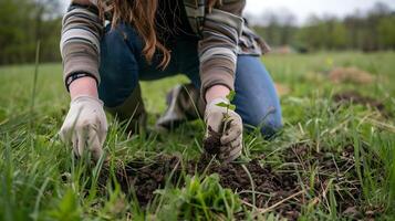 ai généré femme cultive Nouveau la vie plantation une jeune arbre dans herbeux champ avec macro lentille concentrer photo