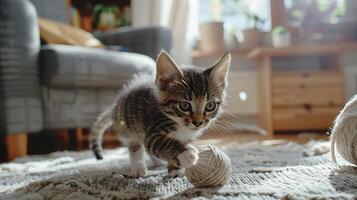 ai généré espiègle chaton chasse plume jouet dans ensoleillé vivant pièce avec doux Naturel lumière photo