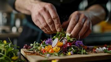 ai généré expert chef crée vibrant salade chef-d'oeuvre avec Frais Ingrédients capturé dans détaillé macro coup photo