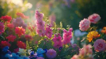 ai généré coloré jardin fleurit baigné dans doux Naturel lumière photo