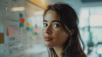 ai généré Jeune femme d'affaires navigue animé train station baigné dans doux Naturel lumière photo