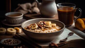 ai généré fraîcheur dans une bol lait, gruau, granola, fruit, et mon chéri généré par ai photo