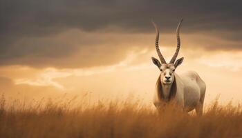 ai généré silhouette de cornu mammifère pâturage dans africain Prairie généré par ai photo