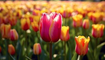 ai généré vibrant tulipes fleurir, mettant en valeur la nature coloré beauté généré par ai photo