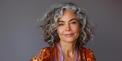 ai généré portrait de une magnifique âge moyen femme, 50 ans vieux, avec gris cheveux. photo