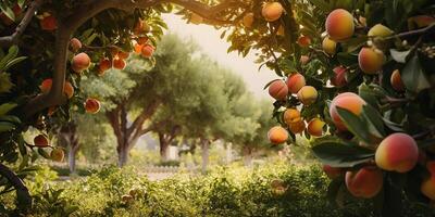 ai généré mûr sucré les pêches croissance sur une pêche arbre dans le jardin. fermer de les pêches et pêche des arbres dans lumière du soleil photo