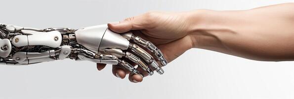 ai généré technologique progrès, artificiel intelligence. Humain main et robot main. photo