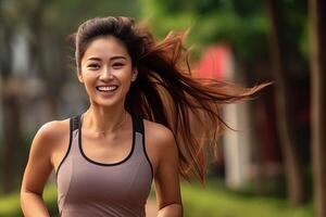 ai généré content et en bonne santé asiatique Jeune femme fonctionnement et le jogging photo