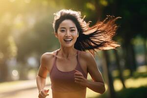 ai généré content et en bonne santé asiatique Jeune femme fonctionnement et le jogging photo