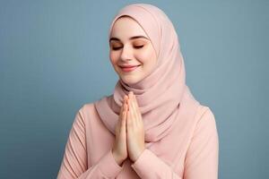 ai généré magnifique asiatique musulman femme avec une radiant sourire, fabrication un eid mubarak salutation geste, isolé sur une nettoyer arrière-plan, représentant le concept de religieux mode de vie photo