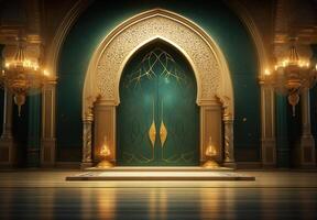 ai généré luxueux Ramadan fête avec un islamique architecture Contexte dans une lumière noir et bronze style. avec luxueux mur tentures, lumière beige et Jaune accents photo