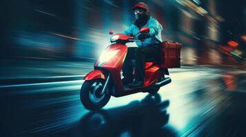 ai généré motocycliste avec une rouge valise sur le route à nuit. photo