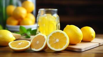 ai généré citrons et citron jus dans verre sur en bois tableau, fermer photo