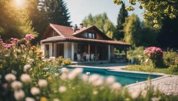 ai généré petit Accueil près rivière avec piscine, jardin, ethno photo