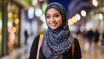 ai généré portrait de Jeune musulman femme avec hijab dans le ville à nuit photo