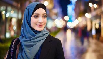 ai généré portrait de Jeune musulman femme avec hijab dans le ville à nuit photo