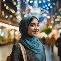 ai généré portrait de Jeune musulman femme avec hijab dans le ville à nuit photo