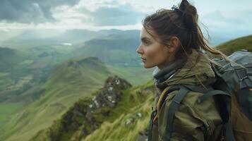 ai généré Jeune femme des stands sur Montagne de pointe regarder à panoramique vallée vue baigné dans doux Naturel lumière photo