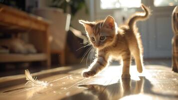 ai généré espiègle chaton chasse plume jouet dans ensoleillé vivant pièce baigné dans doux Naturel lumière photo