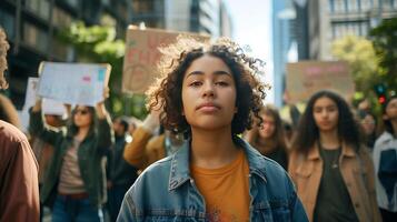 ai généré diverse Jeune adultes manifestation pacifiquement dans ville carré avec panneaux et chants photo