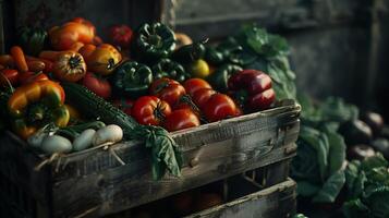 ai généré coloré des fruits et des légumes arrangé sur en bois planche baigné dans doux Naturel lumière photo