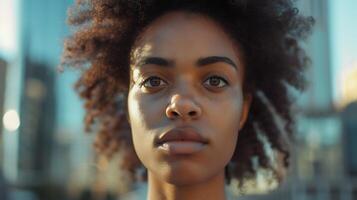 ai généré concerné africain américain femme regards à caméra parmi Urbain paysage urbain photo