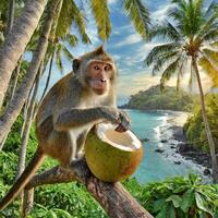 ai généré singe en mangeant une noix de coco photo